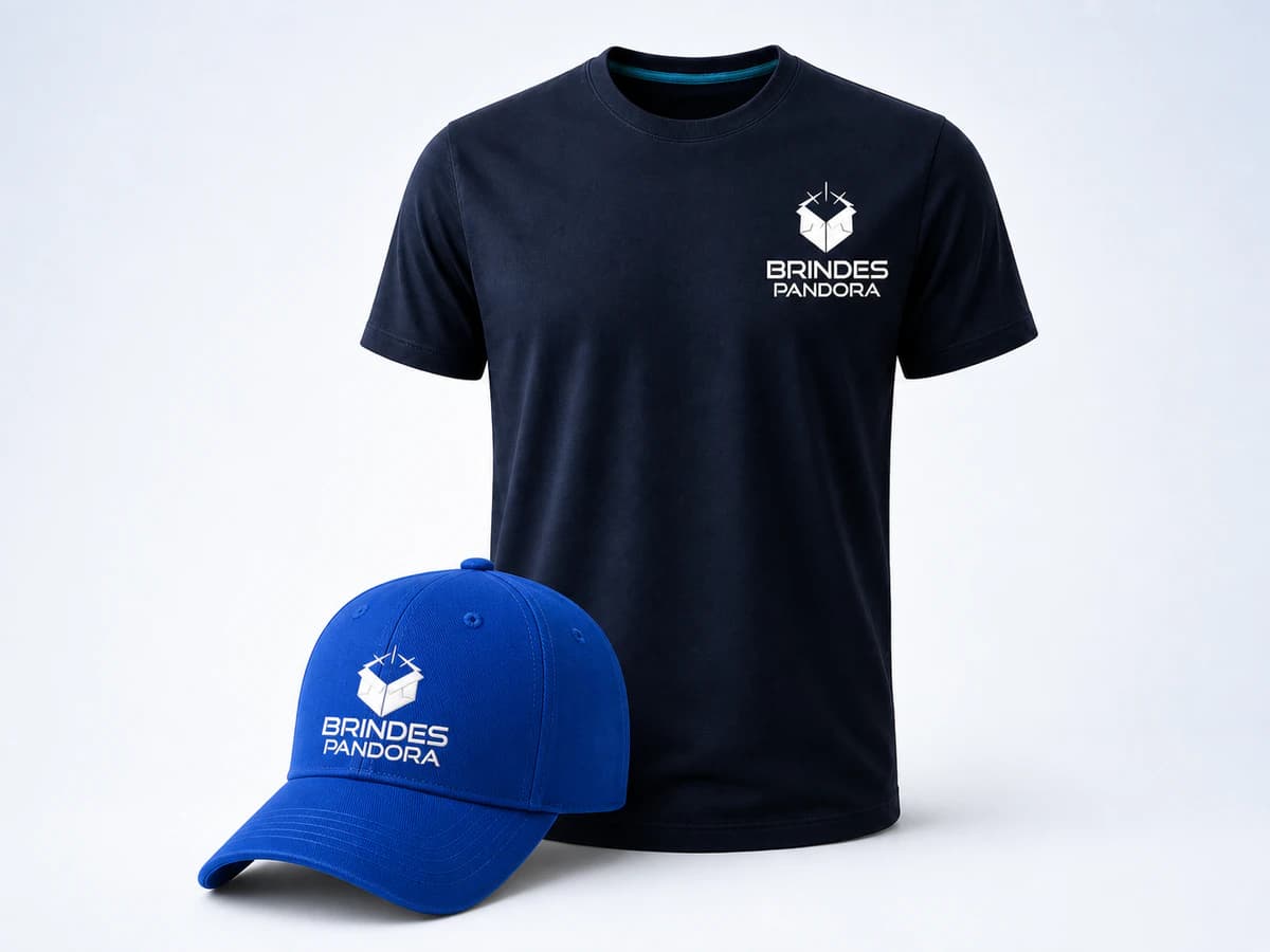 Camiseta azul-marinho e boné azul com logos brancas Brindes Pandora