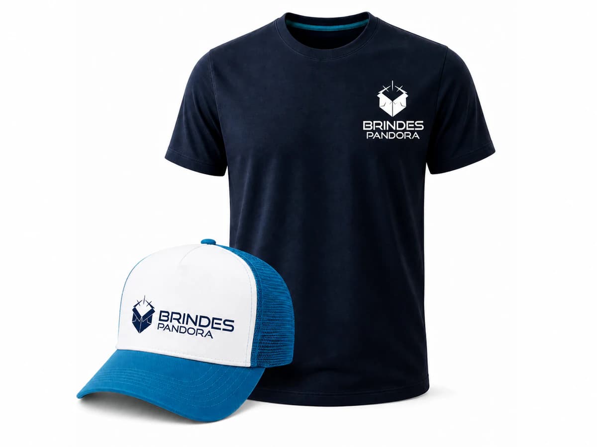 Camiseta azul-escura com logo branca e boné trucker branco e azul com logo azul-marinho