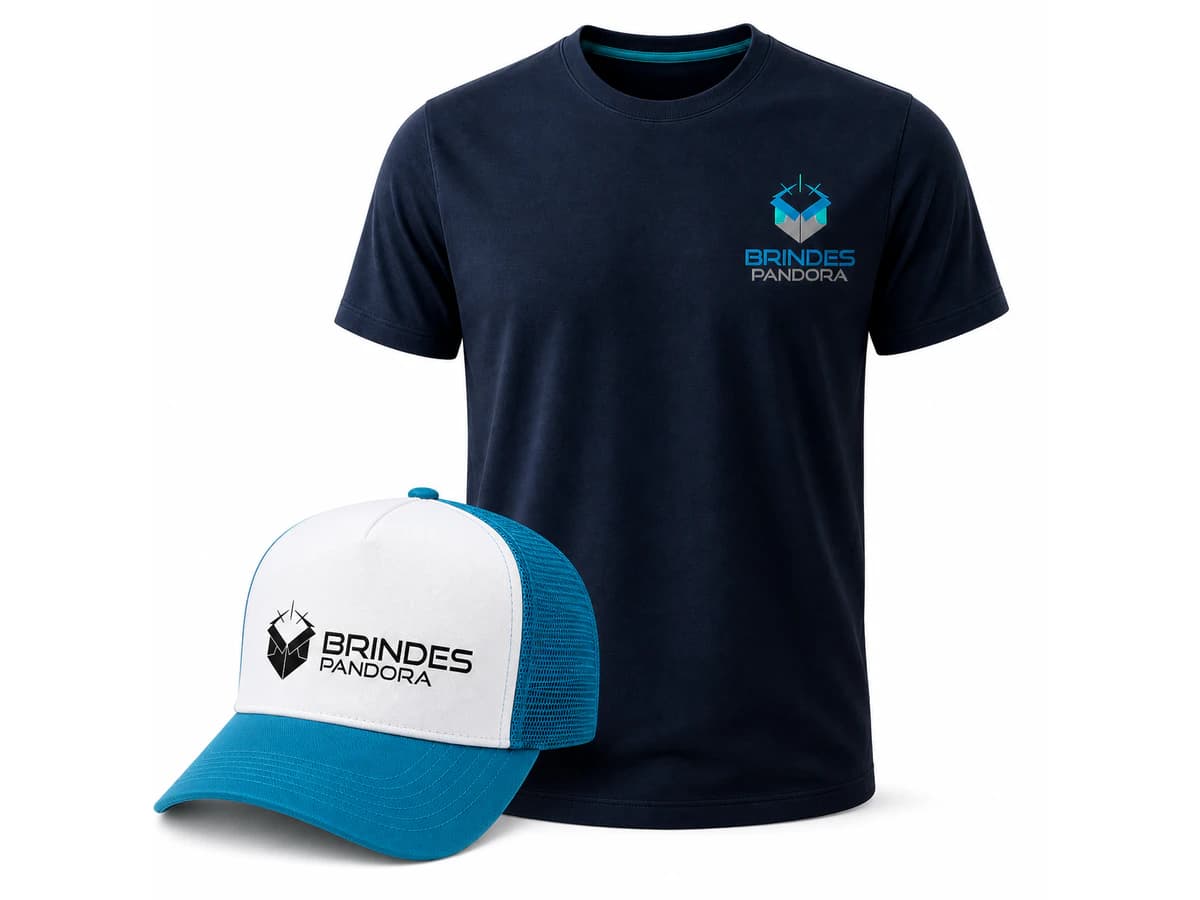 Camiseta azul-escura e boné trucker branco e azul personalizados Brindes Pandora